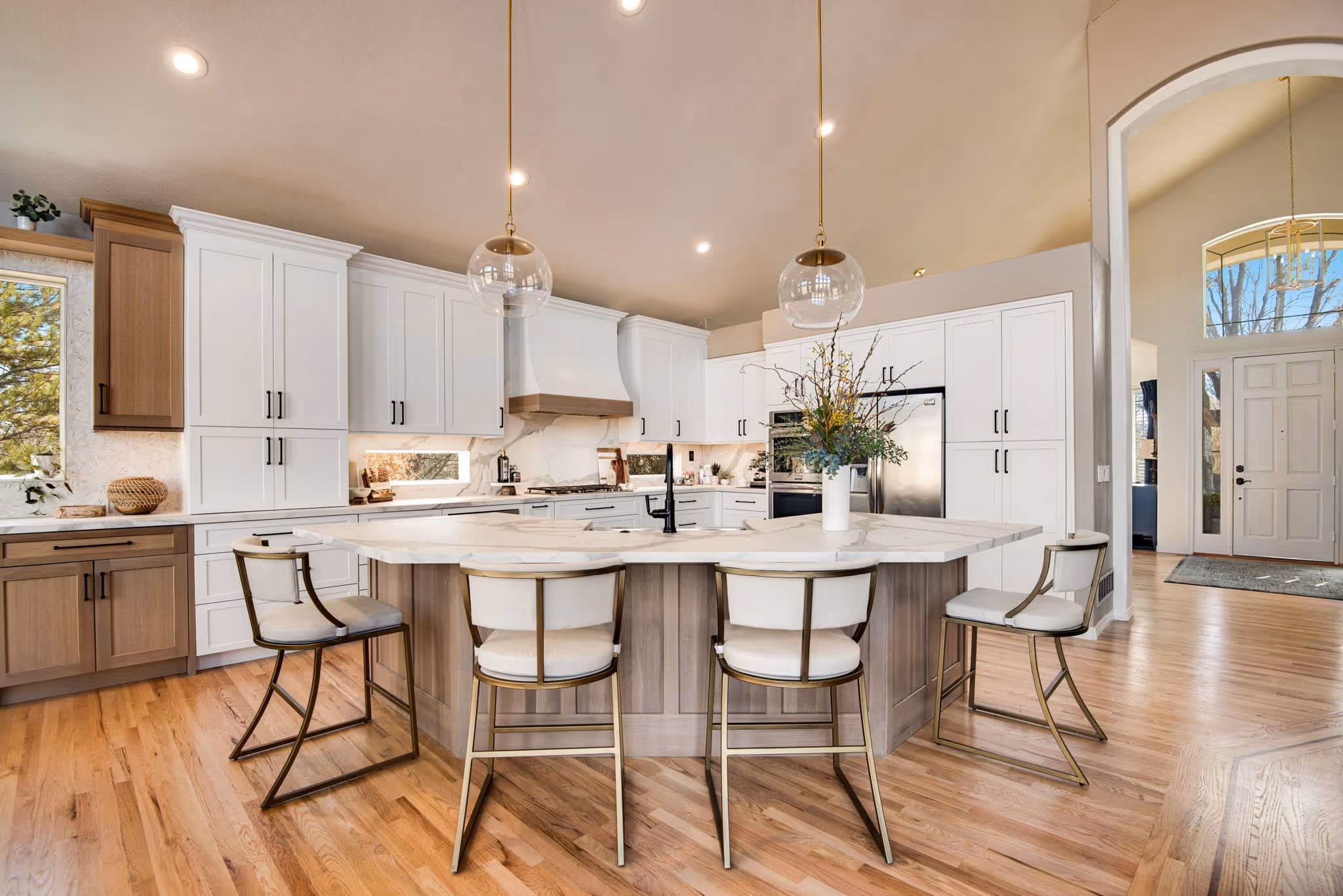Formal dining room with a modern chandelier
