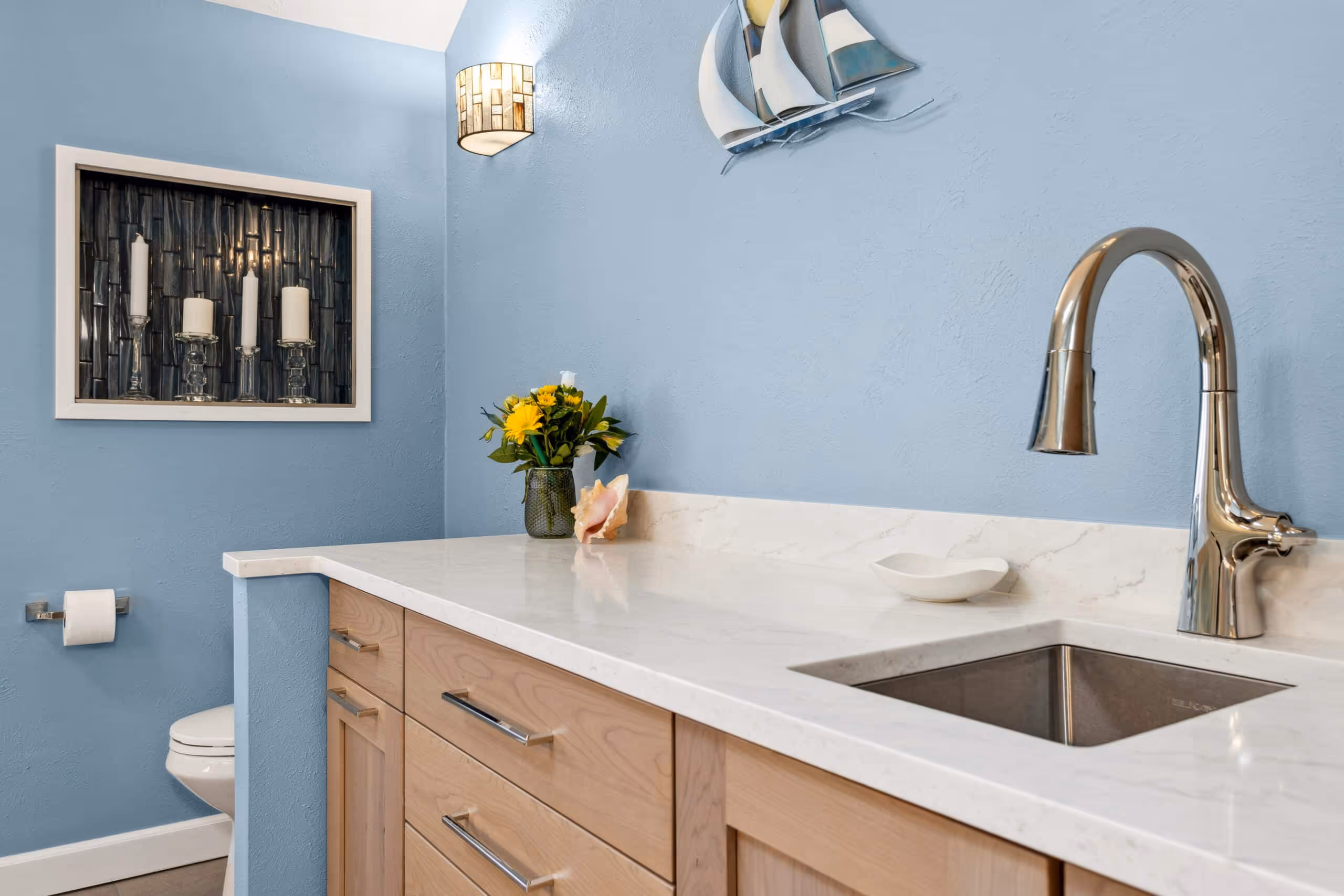 Modern kitchen island with pendant lights
