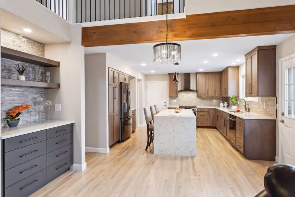 Transitional kitchen design with white cabinets